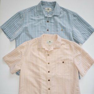 Lot 2 Island Shores Men's Large Hawaiian Shirt Blue Pink Plaid Wooden Buttons